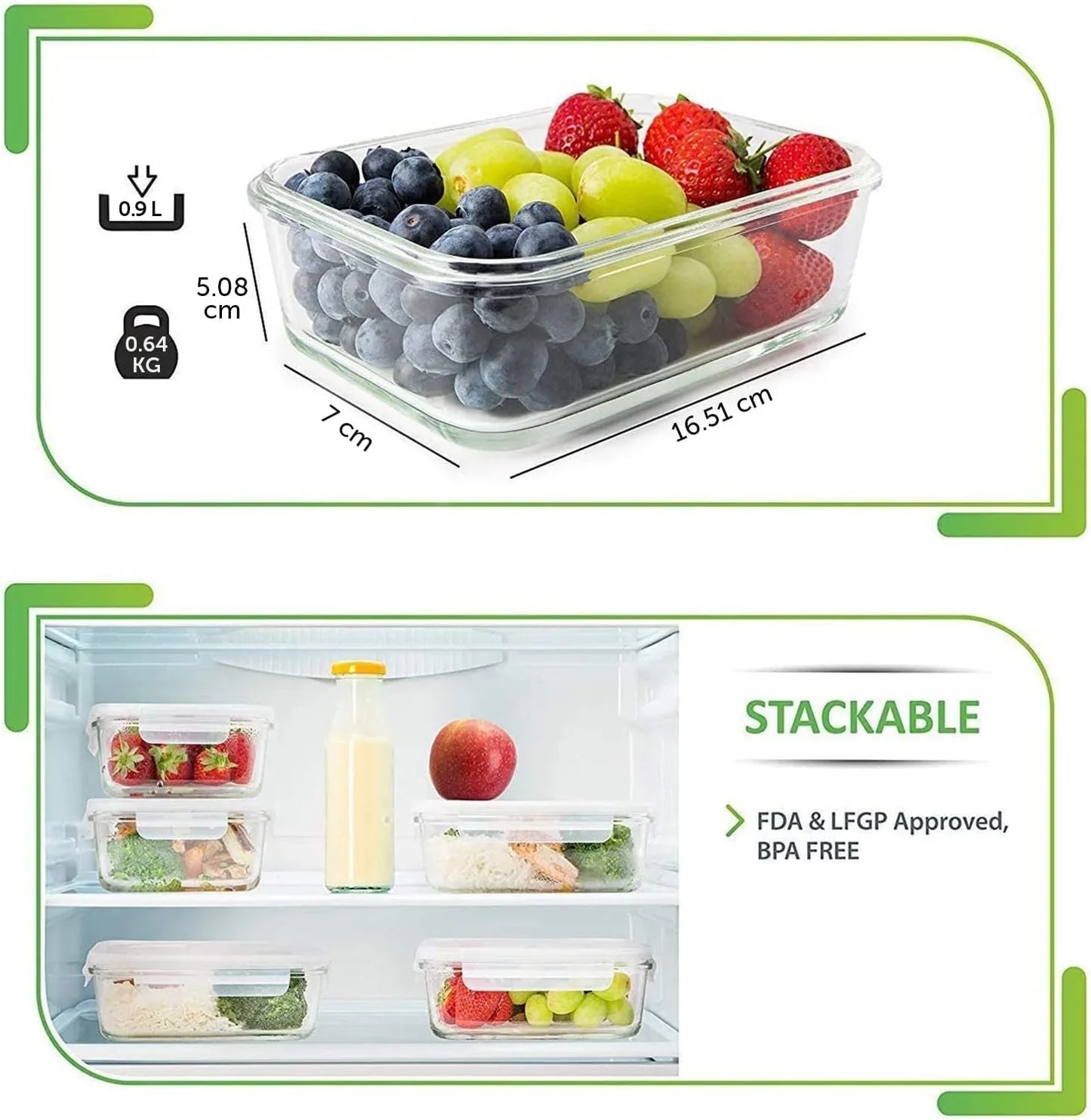 [5-Pack] Food Prep & Storage Glass Containers with Lids - Airtight Glass Meal Prep Containers Reusable